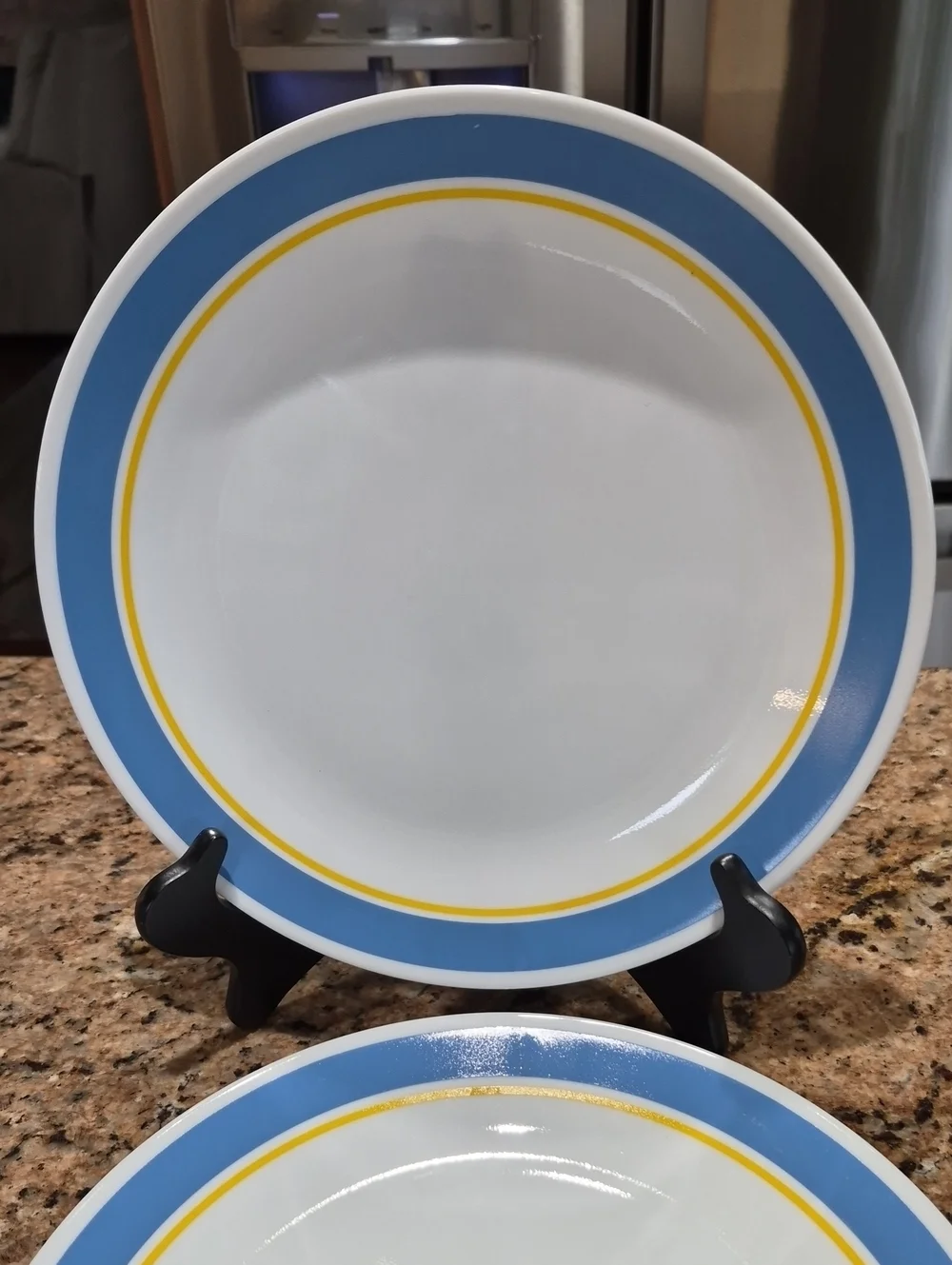 Corelle Haley White Dinner Plates Qty  4 Blue Outer Rim and Yellow Inner Band